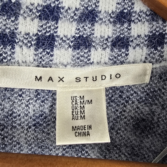 MAX STUDIO Fuzzy Cardigan Sweater Blue White Gingham Womens Size M Old Money - Picture 6 of 11